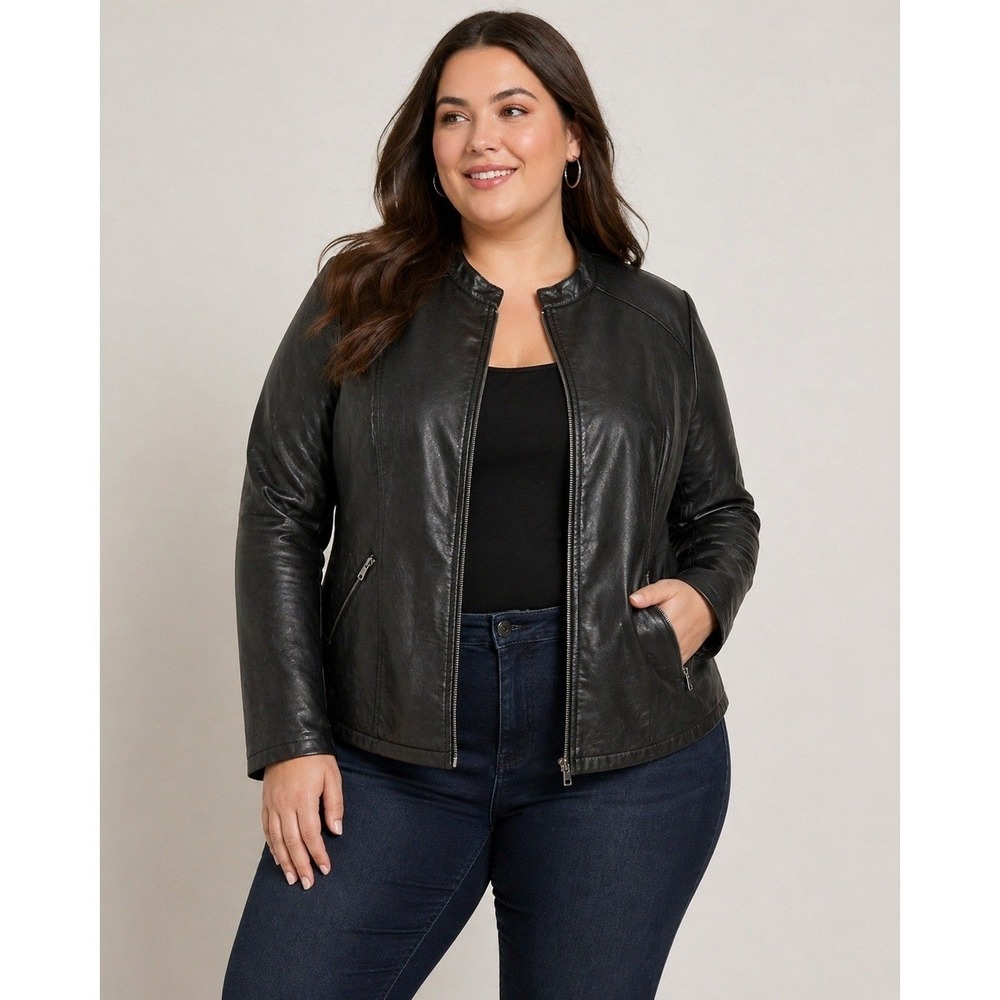 Torrid Black Faux Leather Moto Jacket Plus Size 6 Zip Pocket Minimalist Biker - Picture 3 of 16